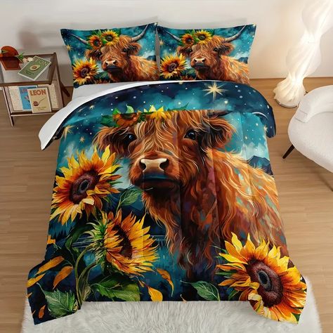 Fashion Bedding Set Western Farmhouse Animal Cow Sunflower - Temu Cow Themed Bedroom Farmhouse, Cow Comforter, Cow Bedding, Animal Room Decor, Cow And Sunflower, Farmhouse Animals, Western Farmhouse, Twin Size Comforter, Floral Comforter