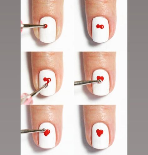 Nail Art Hearts, Heart Nails Diy, Diy Valentine's Nails, Nail Heart, Nail Art Dotting Tool, Nails Tools, Heart Nail Designs, Nail Art For Beginners, Heart Nail Art