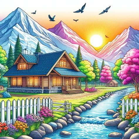 Drawing Scenery For Kids, Education Related Drawings, Beautiful Scenery Drawings Easy, Natural Scenery Painting Easy, Wallpaper Scenery Nature, Nature Drawing Ideas Creative Beautiful, Garden Drawing Ideas, House Scenery Drawing, Natural Scenery Drawing