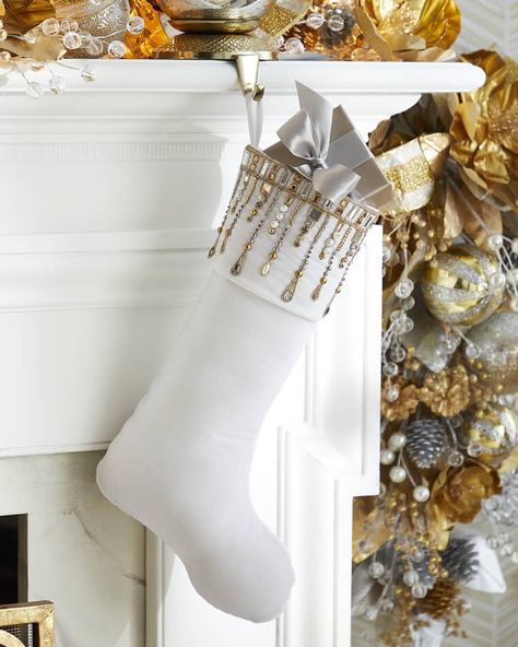 HFWCA Neiman Marcus Silver & Gold Draping Crystal Cuff Christmas Stocking Gold Tree Skirt, Gold Christmas Stockings, Mark Roberts Christmas, Faux Fur Tree Skirt, Unique Christmas Stockings, Fur Tree, Christmas Stocking Holders, Luxury Christmas, Stocking Tree