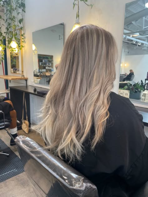 Brown Grey Blonde Hair, Ash Blonde Dimensional Balayage, Grey Toned Brown Hair, Cool Toned Beige Blonde Hair, Grey Dark Blonde Hair, Ash Toned Highlights, Ashy Brown To Blonde Balayage, Dark Smokey Blonde Hair, Air Tuch Hair Color Blond