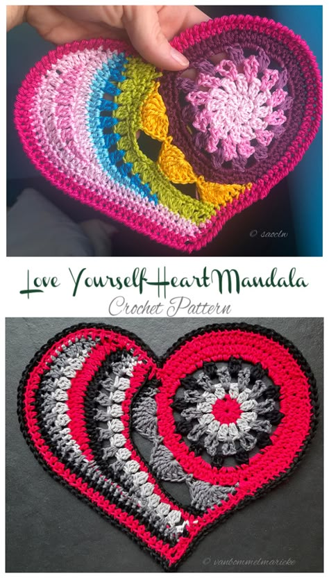 Love Yourself Heart Mandala Crochet Pattern - Crochet & Knitting Crochet Tricks, Mandala Crochet Pattern, Motif Mandala Crochet, Crocheted Hearts, Heart Mandala, Mandala Crochet, Heart Applique, Crochet Jewellery, Crochet Heart Pattern