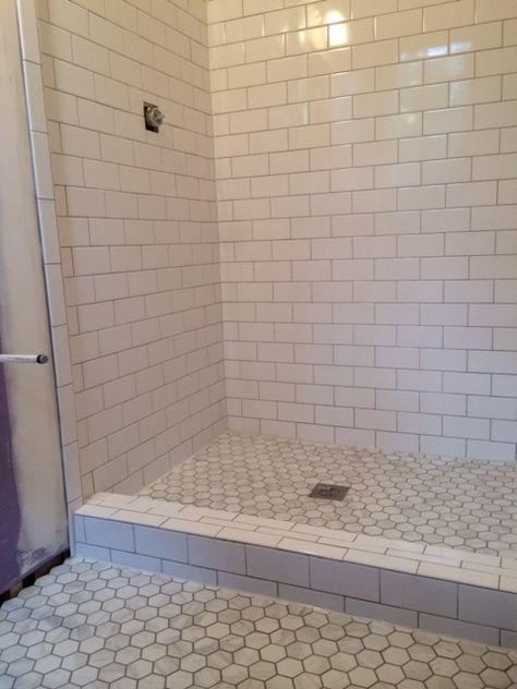 Small Hex Bathroom Floor, White Shower Floor, Hex Tile Bathroom, Honeycomb Tiles Bathroom, Octagon Tile Bathroom, Octagon Tile Floor, Hexagon Bathroom Floor, 3x6 White Subway Tile, Marble Tile Bathroom Floor