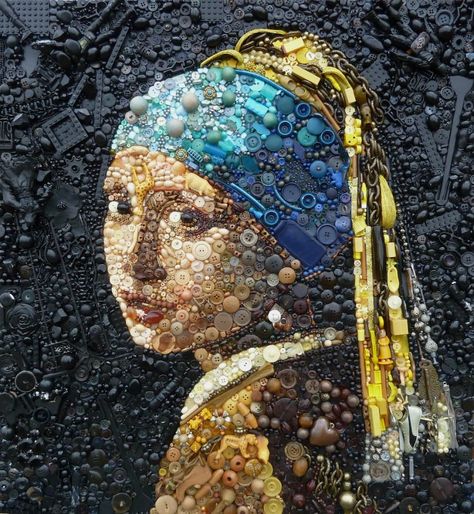 Recycled art by Jane Perkins made out of buttons, shells, toys and discarded waste | Creative Boom Diy Earrings Pearl, Waste Art, Famous Portraits, Recycled Art Projects, Steve Mccurry, Impressionist Artists, Found Object Art, Johannes Vermeer, Plastic Art