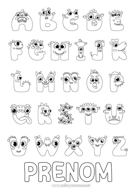 Coloriage : 26 lettres de l'alphabet style coloriage monstres rigolos. Activité éducative maternelle : colorie les lettres qui composent ton prénom. Dessin à colorier pour se familiariser avec les lettres de façon ludique. Coloriage à personnaliser avec le prénom de l'enfant ou le nom d'un objet par exemple. Alphabet Style, Baby Sitting, Petite Section, L Alphabet, Alphabet, Art