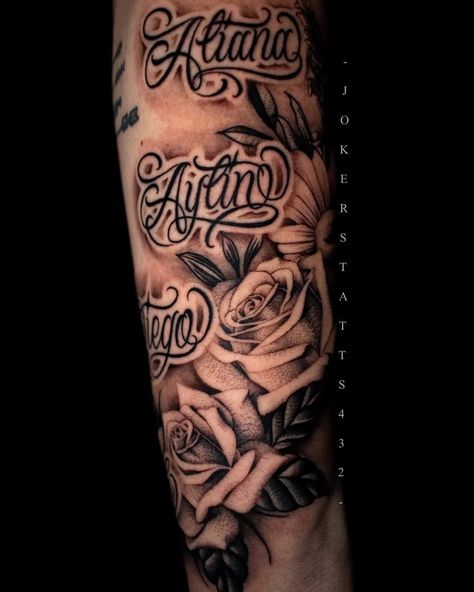 3 Name Tattoo Ideas, Name Tattoo Designs For Men Fonts, Multiple Name Tattoos, Forearm Name Tattoos, Daughters Name Tattoo, Cheetah Print Tattoos, Grandchildren Tattoos, Family Name Tattoos, Memorial Tattoo Ideas