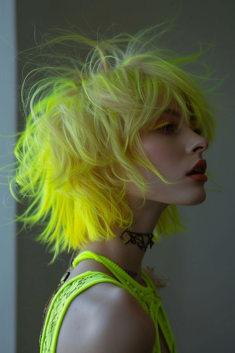 Yellow Mullet, Edgy Mullet, Green And Yellow Hair, Neon Yellow Hair, Shaggy Mullet, Beard Color, Yellow Hair Color, Yellow Highlights, Neon Hair