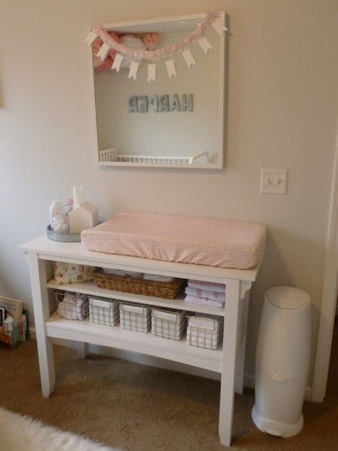 Baby Changing Tables Galore: Ideas & Inspiration Nursery Ideas Girl Pink, Small Room Nursery, Changing Table Organization, Grey Baby Nursery, Nursery Changing Table, Baby Table, Baby Nursery Diy, Baby Nursery Organization, Baby Changing Table