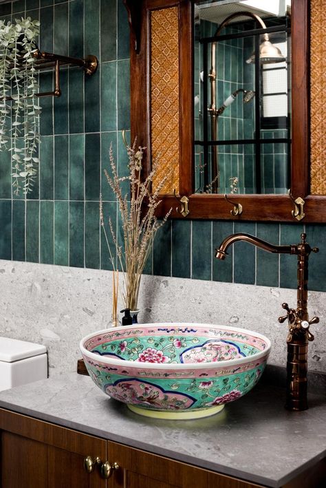 Check out this Vintage-style HDB Bathroom and other similar styles on Qanvast. Peranakan Interior Design, Hdb Bathroom, Hdb Renovation, Singapore Interior Design, Singapore Interior, Upper Kitchen Cabinets, Peach Walls, Retro Armchair, Interior Design Singapore