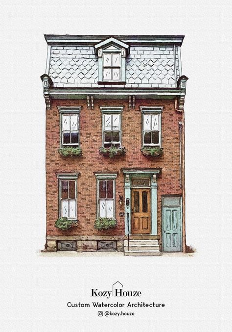 Canvas Painting For Beginners, Watercolor House Painting, الفن الرقمي, Watercolor House, Watercolor House Portrait, Building Drawing, Watercolor Architecture, Building Illustration, House Portrait