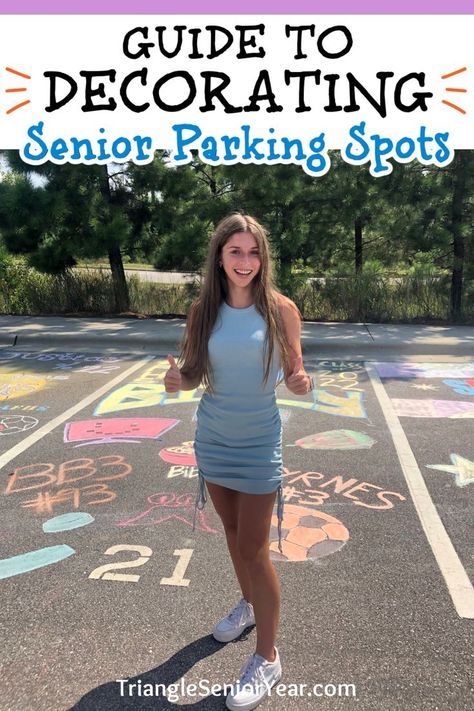 high school senior standing in front of decorated senior parking spot How To Paint Senior Parking Space, Senior Parking Spaces Chalk, Senior Parking Spaces Funny, Painted Parking Spaces Ideas, Senior Parking Spots, Senior Parking Spot Ideas, Parking Spot Ideas, Parking Lot Painting, Senior Year Fun