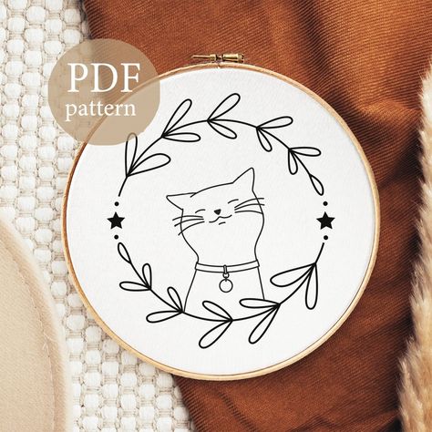 Lovely Cat Embroidery Pattern Cat Embroidery Pdf Flower - Etsy | Embroidery Patterns Free Easy Cat Embroidery Patterns, Cat Embroidery Pattern Free, Dachshund Embroidery Pattern, Embroidery Cat Patterns, Cat Embroidery Simple, Hand Embroidery Patterns Free Templates, Embroidery Free Pattern, Cat Hand Embroidery, Free Hand Embroidery Patterns