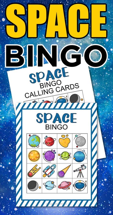 Space Themed Games For Adults, Space Theme Party Games For Kids, Space Theme Printables Free, Space Party Free Printables, Space Bingo Free Printable, Outer Space Bingo Free Printable, Bingo Clipart, Space Bingo, Bingo Cards To Print