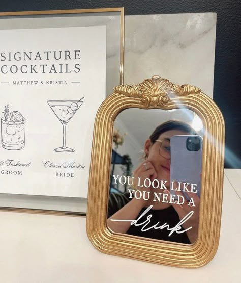 Something For Guests To Sign At Wedding, Party Details Decor, You Look Like You Need A Drink Mirror Wedding, Guest Book Mirror Sign, Mirror Drink Sign, Trendy Wedding Decorations, Cocktail Hour Mirror Sign, Wedding Bar Signs Ideas, Fun Wedding Bar Signs