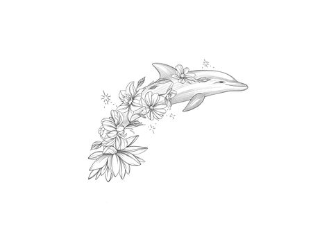 Dolphin Floral Tattoo, Flower Dolphin Tattoo, Dolphin Ocean Tattoo, Dolphin Spine Tattoos, Dolphin Tattoo With Flowers, Dolphin And Flower Tattoo, Two Dolphins Tattoo, Maldives Tattoo, Ocean Fine Line Tattoo