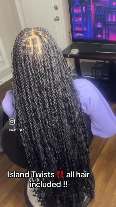 Long Braids Ideas, Small Island Twist Hairstyle, Bobo Island Twist, Knotless Island Twist With Curls, Island Twist Bohemian, Medium Boho Island Twist, Boho Twist With Curls, Island Twist Hairstyle Curls, Ways To Style Island Twist Hairstyle