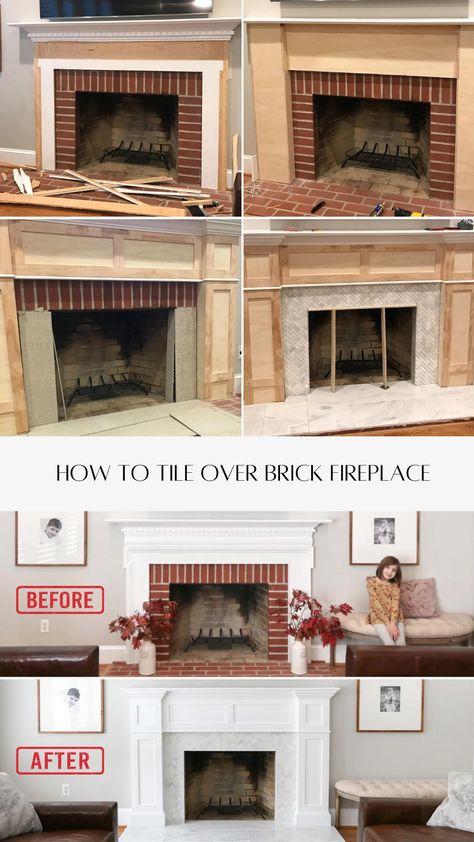 Adding Molding To Fireplace, Fireplace Trim Diy, Diy Fireplace Molding, Marble Over Brick Fireplace, Smooth Fireplace Surround, Modernize Old Fireplace, Small Tile Fireplace Surround, Upgrade Fireplace Surround, Old Marble Fireplace