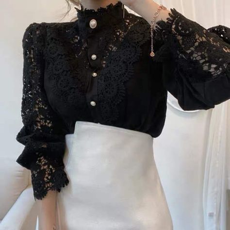 Women Lace Blouse, Stand Collar Shirt, Patchwork Shirt, Patch Work Blouse, Straight Clothes, White Lace Blouse, Elegant Embroidery, Petal Sleeve, Lace Cutout