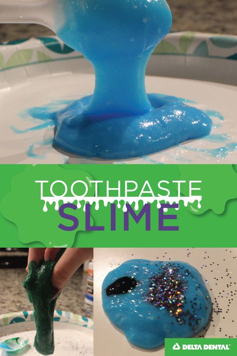 Make your own #toothpaste slime with this easy DIY slime recipe for kids. Full picture instructions on our blog. #DIYslime #kidscrafts #DeltaDentalofArizona Toothpaste Sensory Play, Dental Hygiene Science Experiments, Dental Health Science Experiment, Toothpaste Experiment For Kids, Dentist Sensory Play, Dental Activity For Kids, Teeth Experiments For Kids, Toothpaste Slime Recipe, Dental Science Experiments Kids