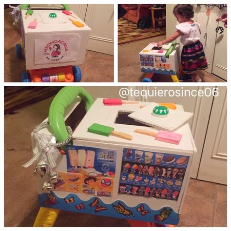 La paletera. My daughters halloween costume. We used her walker and used a box that fit over it. Cut out the top for the handle and custom fit the box to the cart. We used white foamboard to cover the outside of the box and glued it on. We printed out ice cream pictures. And lastly cut out the top and glued a tupperware underneath the cutout to hold actual candy paletas!! Was a hit at the halloween party. DIY Ice cream cart. Paletera costume. Paletero costume. Diy Paleta Cart, Paletero Costume, Paletero Cart, Diy Ice Cream Cart, Mary Poppins Halloween Costume, 2024 Costumes, Cream Pictures, Ice Cream Pictures