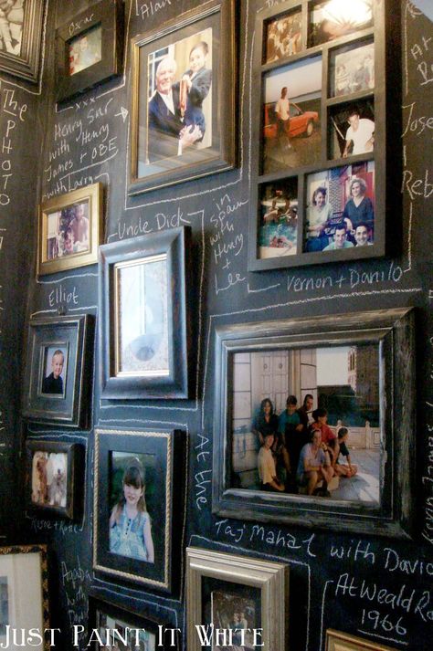 Just Paint It White Blog chalk wall with photos labeled Walls Covered In Pictures, Wall Covered In Pictures, House Tours Interiors, Chalkboard Walls, Chalk Board Paint, Galley Wall, Closet Bathroom, Chalk Wall, Beton Design