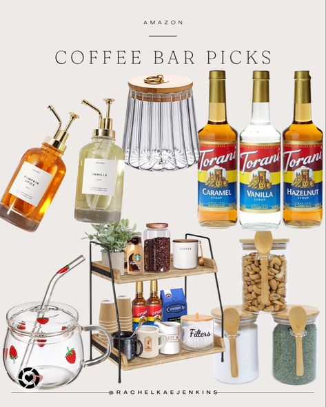 Coffee bar picks, syrup, canister, syrup dispenser, coffee bar shelf, mug, canisters with spoon Expresso Bar Ideas Kitchen Counter, Cute Coffee Bar Set Up, Coffee Bar Ideas With Syrups, Coffee Syrup Stand, Syrup Dispenser Ideas, Coffee Bar Supplies, Coffee Bar With Syrup Display, Coffee Bar Syrup Display, Coffee Syrup Display