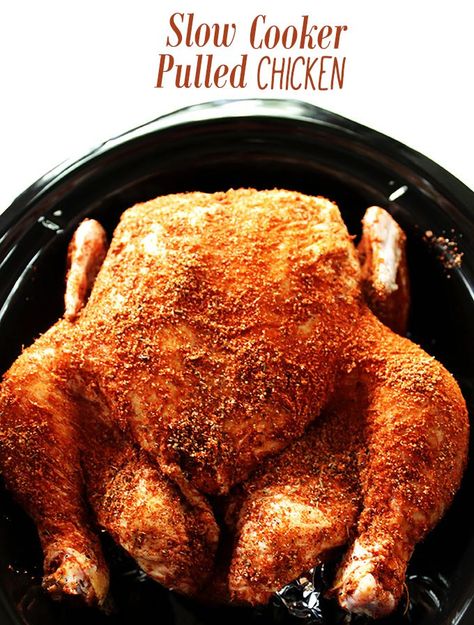 Slow Cooker Pulled Chicken. SO easy to make. Juicy, fall-off-the-bone chicken! #glutenfree #chicken | robustrecipes.com Bbq Whole Chicken, Slow Cooker Pulled Chicken, Easy Crock Pot Chicken, Easy Crockpot Chicken, Crockpot Roast, Paleo Crockpot, Crock Pot Chicken, Pulled Chicken, Slow Cooker Meals