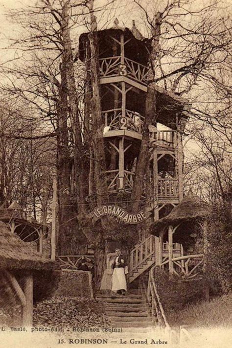 The Forgotten Treehouse Bars of Bygone Summers in Paris ... There was once a place that drew crowds of Parisians away from their grand boulevards and sidewalk cafés to rediscover their inner child, wine & dine in chestnut tree houses and celebrate summer like Robinson Crusoe. Le Plessis Robinson, Chestnut Trees, Paris Summer, Robinson Crusoe, Abandoned House, Abandoned Mansions, Tree Houses, Paris Photo, Haunted Places