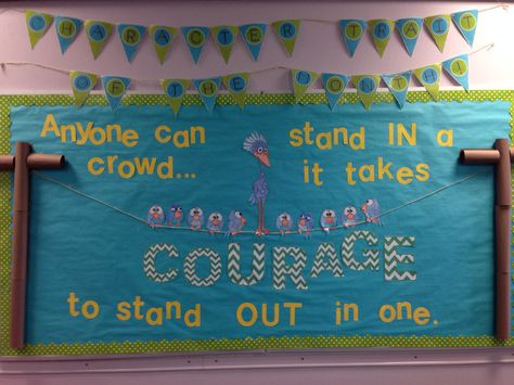 Character trait of the month. Courage Courage Bulletin Board Ideas, Courage Bulletin Board, Character Virtues, Capturing Kids Hearts, Seasonal Bulletin Boards, Reading Fair, Student Of The Month, Bulletin Boards Classroom Decor, Camping Theme Classroom