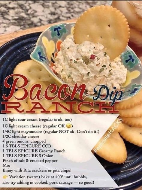 Epicure Steamer, Recipes Dips, Bacon Ranch Dip, Epicure Recipes, Bacon Dip, 20 Minute Recipes, Family Meal Planning, Ranch Dip, Bacon Ranch