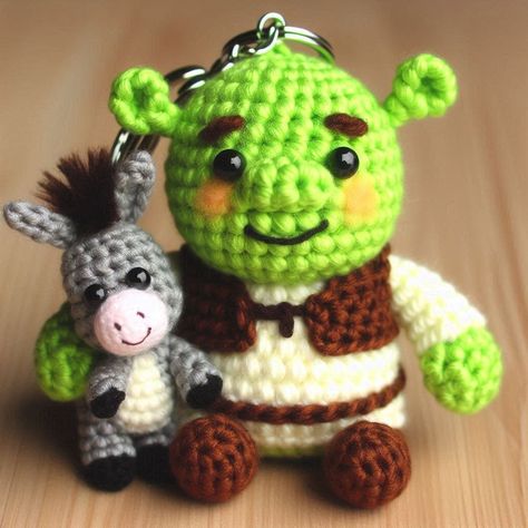 Crochet Shrek Pattern Free, Shrek Crochet Pattern Free, Free Crochet Keychain Patterns, Amigurumi Keychain Free Pattern, Shrek Crochet, Crochet Shrek, Shrek And Donkey, Crochet Donkey, Amigurumi Keychain