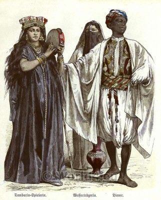 Traditional Egyptian costumes 1850. Tambourine player, water wearer and servant. Egyptian Clothing Men, Traditional Egyptian Clothing, Ancient Egyptian Clothing, Desert Clothing, Middle Eastern Clothing, Arabian Costume, Ancient Clothing, Egyptian Men, Egyptian Era