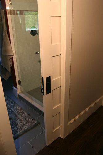 Pocket doors Bathroom Door Options, Bathroom Doors Modern, Craftsman Renovation, Pocket Doors Bathroom, Bathroom Door Design, Craftsman Bathroom, Shower Area, Modern Laundry Rooms, Modern Craftsman