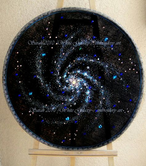 Universe Embroidery, Sarah Goldberg, Galaxy Embroidery, Starry Dress, Spiral Galaxy, Beadwork Embroidery, Nature Cross Stitch, Needlework Embroidery, Hand Embroidery Art