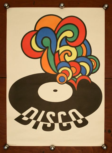 This stunning East German poster made with silk-screen print technique, is bringing back the 70s funky-soul-disco atmosphere with its lively retro graphics. You can almost hear the music as the colorful sound-flames emerge from the vinyl disc with Disco written on it. Dimensions: Disco Poster, Mundo Hippie, Images Pop Art, Event Posters, Vintage Disco, Retro Kunst, Retro Graphics, Motif Vintage, Arte Animal