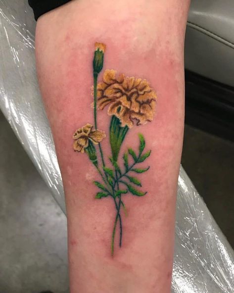 Top 65 Best Marigold Tattoo Ideas - [2021 Inspiration Guide] Marigold Tattoo, Tattoos And Their Meanings, Different Kinds Of Flowers, Leaf Tattoo, Creative Tattoo, Traditional Flash, Upper Arm Tattoos, Birth Flower Tattoos, Botanical Tattoo