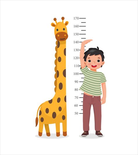 Cute Little boy measuring height of his growth on the background of wall with giraffe Tall Illustration, Milk Advertising, Measuring Height, Height Growth, Health Book, English Activities For Kids, Fruit Icons, School Cartoon, Tall Boy