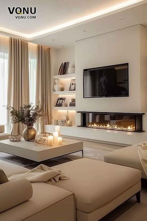 Modern Basement Living Room Ideas, Elegant Living Room With Tv, Luxury Small Living Room Ideas, Open Plan Living Room Decor, Cozy But Modern Living Room, Living Room With Modern Fireplace, My Dream Living Room, Cozy Lounge Ideas, Dream Living Room Cozy Modern