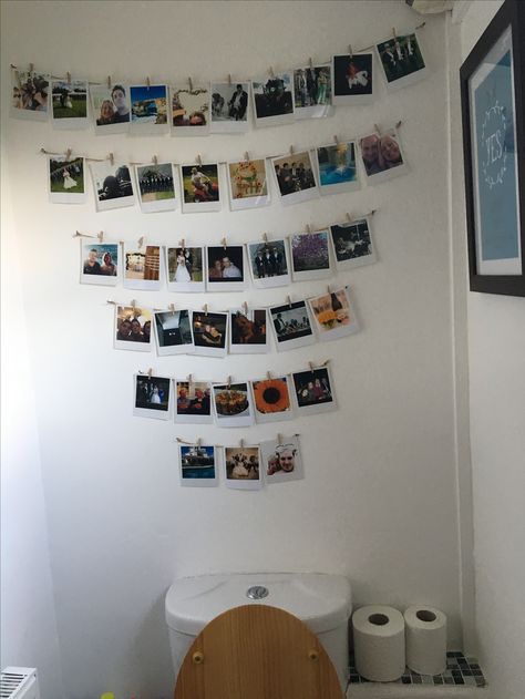 Polaroid picture wall, Toilet, window, mirror & taps in grey blue Polaroid Picture Wall, Toilet Window, Foto Frame, Polaroid Picture, Polaroid Wall, Wall Toilet, Downstairs Loo, Toilet Door, Toilet Wall