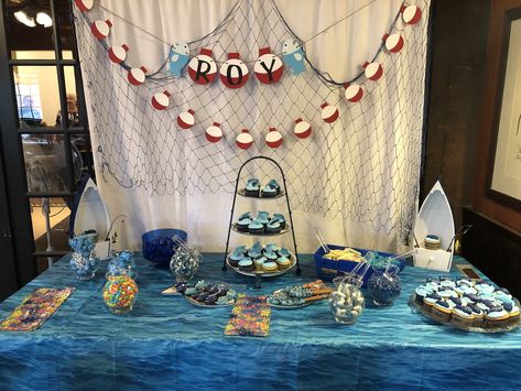 Fishing theme baby shower. Baby Shower Ideas Fishing Theme, Baby Boy Shower Fishing Theme, Fish Theme Baby Shower Ideas, Baby Boy Fishing Shower Ideas, Fisherman Baby Shower Ideas, Gone Fishing Baby Shower Theme, Fishing Baby Shower Theme Decorations, Baby Shower Fishing Theme Boy, Fishing Themed Baby Shower Ideas