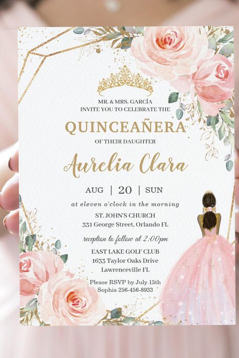 Quinceañera XV Blush Pink Floral Brown Princess Invitation Roses Quinceanera Theme, Pink Sweet 16 Invitations, Quinceanera Invitations Ideas, Pink Invitation Card, Brown Princess, Quince Planning, Quinceanera Theme, Pink Sweet 16, Princess Invitation