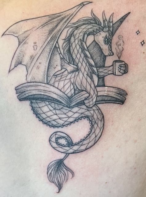 Dragons And Books Tattoo, Dragon Hoarding Books Tattoo, Dragon Reading A Book Tattoo, Neo Traditional Tattoos Dragon, Book Dragon Tattoo For Women, Book Dragon Tattoo Ideas, Book And Dragon Tattoo, Puff The Magic Dragon Tattoo, Dragon And Book Tattoo