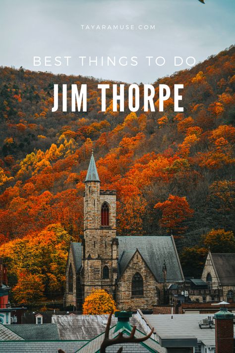 Check out this hidden gems in Pennsylvania - the cutest town there is to visit: explore Jim Thorpe. Are you looking for things to do in the fall? This is the best autumn getaway hidden in the mountains. What to do in PA | Pennsylvania Hidden Gems | Getaway in the Poconos #VisitPA #FallTrips #UStravel #Falldestinations Poconos Pennsylvania Fall, Jim Thorpe Pennsylvania, Poconos Pennsylvania, Jim Thorpe Pa, Delaware Water Gap, Jim Thorpe, The Poconos, Pennsylvania Travel, Road Trip Map