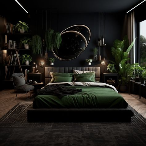 Step into this stunning bedroom where cosmic vibes meet earthy greens. The bold black walls and vibrant plants create a serene yet edgy sanctuary perfect for unwinding. 🌌💚 What’s your favorite part of this celestial-inspired retreat? Let me know below! #BedroomGoals #CosmicDecor #GreenAndBlack #ModernBedroom #InteriorDesignInspiration #EarthyVibes #BoldInteriors #NatureInspired #LuxuryBedroom #InteriorGoals #DesignInspo #HomeDecorLovers #ContemporaryLiving #SereneSpaces #DreamBedroom #Modern... Black Earthy Bedroom, Dark Plant Bedroom, Black And Dark Green Bedroom, Dark Earthy Bedroom, Earthy Greens, Mtv Cribs, Bedroom Sanctuary, Earthy Bedroom, Black Room