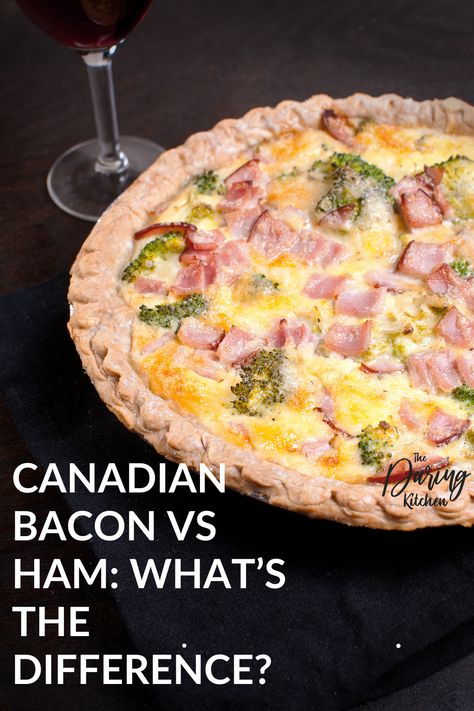 It tastes and looks like ham, but it’s not ham, and on top of that, if you ask a Canadian what Canadian bacon is, he or she might struggle to get the answer right. Let’s clear things up a little bit and look at the differences of Canadian bacon vs ham, that’s why we are here after all.#thedaringkitchen #canadianbacon #breakfast Canadian Bacon Quiche Recipes, Recipes With Canadian Bacon, Canadian Bacon Recipes Dinners, Canadian Bacon Recipes Breakfast, Canadian Bacon Sandwich, Canadian Bacon Pizza, Breakfast Quiche Crustless, Canadian Bacon Recipes, Family Lunch Recipes