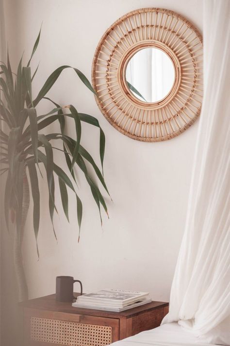 Roundmirror Cosy Photoshoot, Hairdresser Salon, Rattan Design, Wicker Mirror, Mirror Inspiration, Room Theme, Rattan Mirror, Home Modern, Rattan Furniture