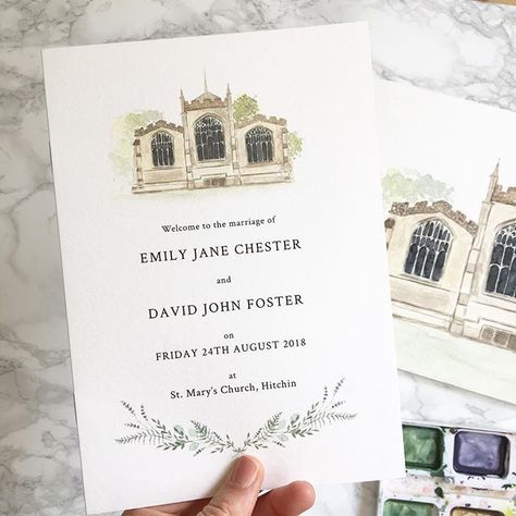 Church wedding order of service with bespoke watercolour venue illustration and delicate botanical details.  #weddingstationery #churchwedding #venueillustration #watercolour #onthedaystationery #dayofstationery #orderofservice #botanicalwedding #botanicalillustration #handpainted Church Order Of Service, Watercolors Ideas, Church Illustration, Wedding Booklet, Wedding Table Menus, Illustration Stationery, Winter Wedding Planning, Venue Illustration, Watercolour Ideas