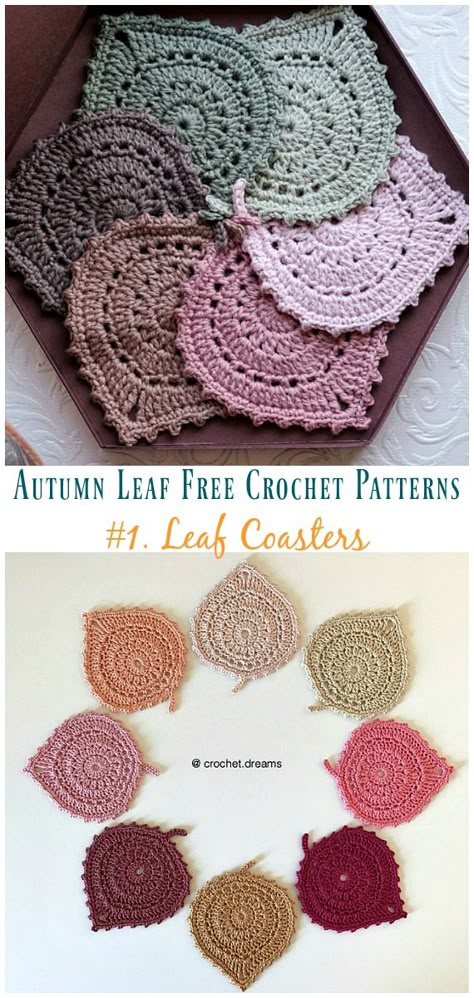 Leaf Coasters Crochet Free Pattern - Autumn #Leaf; Free #Crochet; Patterns Crochet Leaf Coaster With Pot, Crochet Placemats Free Pattern, Leaf Coaster, Leaf Coasters, Coasters Crochet, Crochet Coasters Free Pattern, Pattern Leaf, Easy Knitting Projects, Coaster Pattern