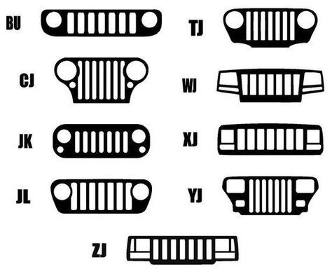 Jeep Grilles by model Bu Cj Jk JL Tj Wj Xj Yj Zj Vinyl Stickers & Decals, decal, sticker, bumperstic | Jeep grill, Jeep decals, Jeep zj Jeep Wrangler Grill, Jeep Tattoo, Jeep Merchandise, Jeep Keychain, Jeep Art, Jeep Zj, Jeep Stickers, Cj Jeep, Tj Wrangler