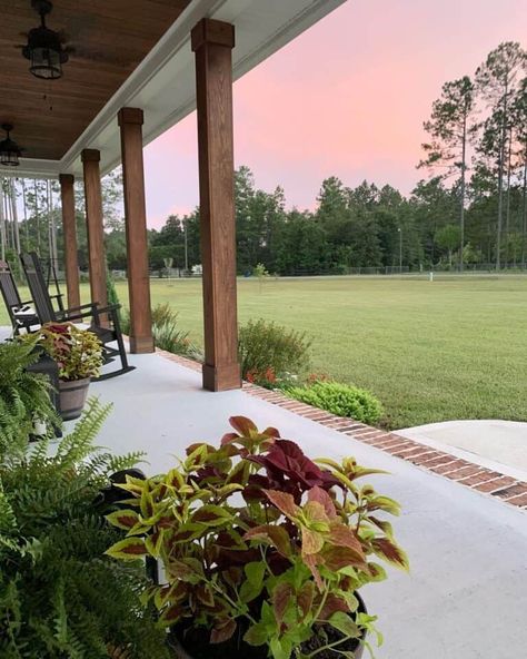 Lanterns and Planters on Wood Column Porch - Soul & Lane Wood Columns Porch, Farmhouse Porch Columns, Black Rocking Chairs, Wood Porch Columns, Cement Porch, Modern Farmhouse Porch, Front Porch Columns, Brick Porch, Lantern Lighting